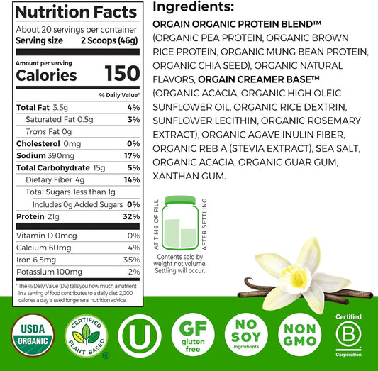 Orgain Organic Vegan Protein Powder, Vanilla Bean - 21g Plant Protein, 6g Prebiotic Fiber, No Lactose Ingredients, No Added Sugar, Non-GMO, for Shakes & Smoothies, 2.03 lb (Packaging May Vary)