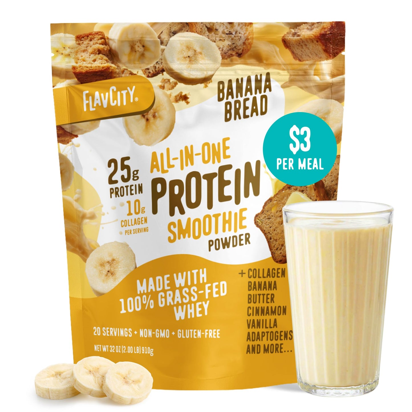 FlavCity Vanilla All in One Protein Shake Powder - On the Go Meal Alternative + Collagen Peptides, Reishi & Cordyceps - Focus, Skin, Hair & Joint Support - 100% Grass Fed Whey, 20 Servings