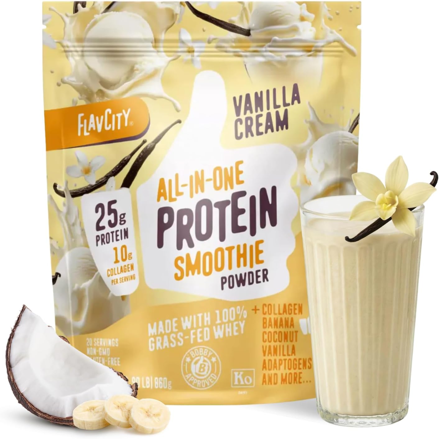 FlavCity Vanilla All in One Protein Shake Powder - On the Go Meal Alternative + Collagen Peptides, Reishi & Cordyceps - Focus, Skin, Hair & Joint Support - 100% Grass Fed Whey, 20 Servings
