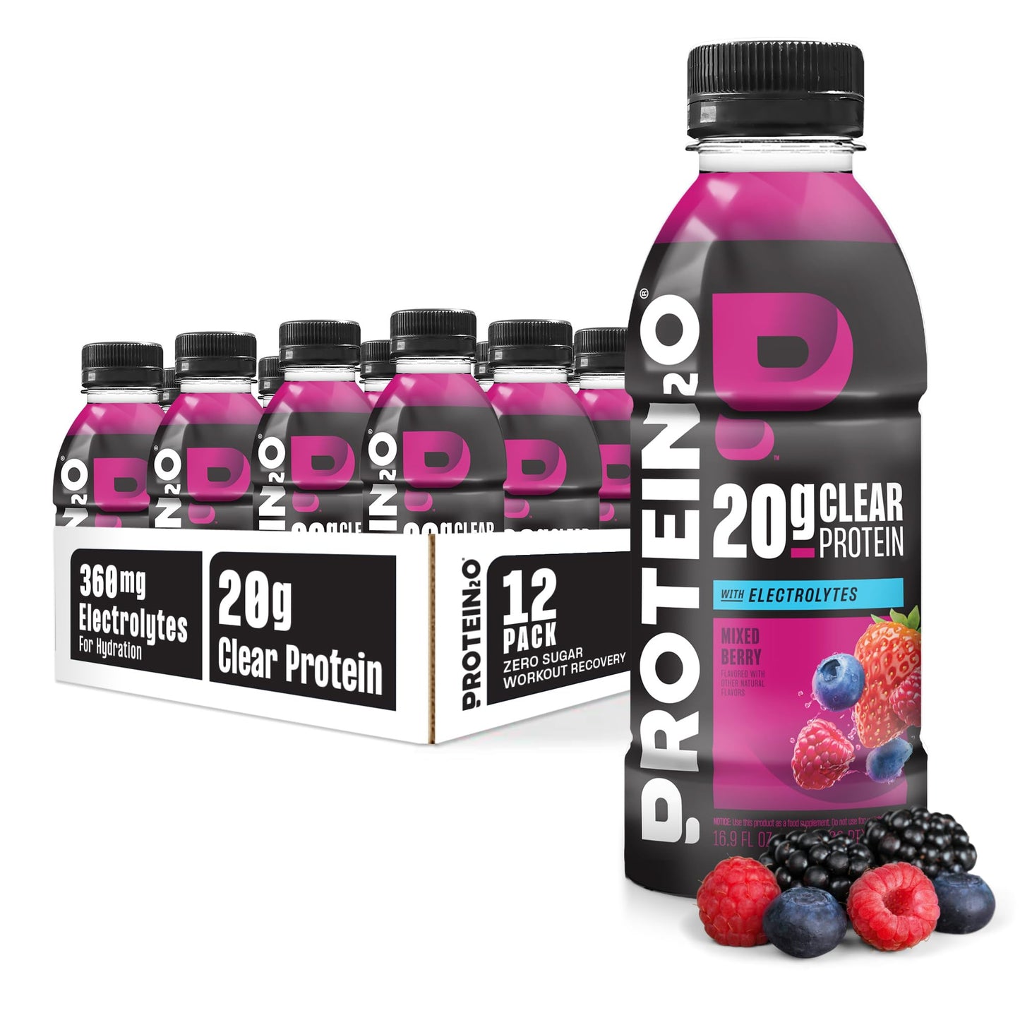Protein2o Hydration Drink - 2-in-1 Liquid Clear Whey Protein Isolate and Electrolyte Drink - 20g Protein, Vitamins B5, B6 - Post-Workout Recovery - 16.9 Fl Oz - 12 Count Strawberry Watermelon