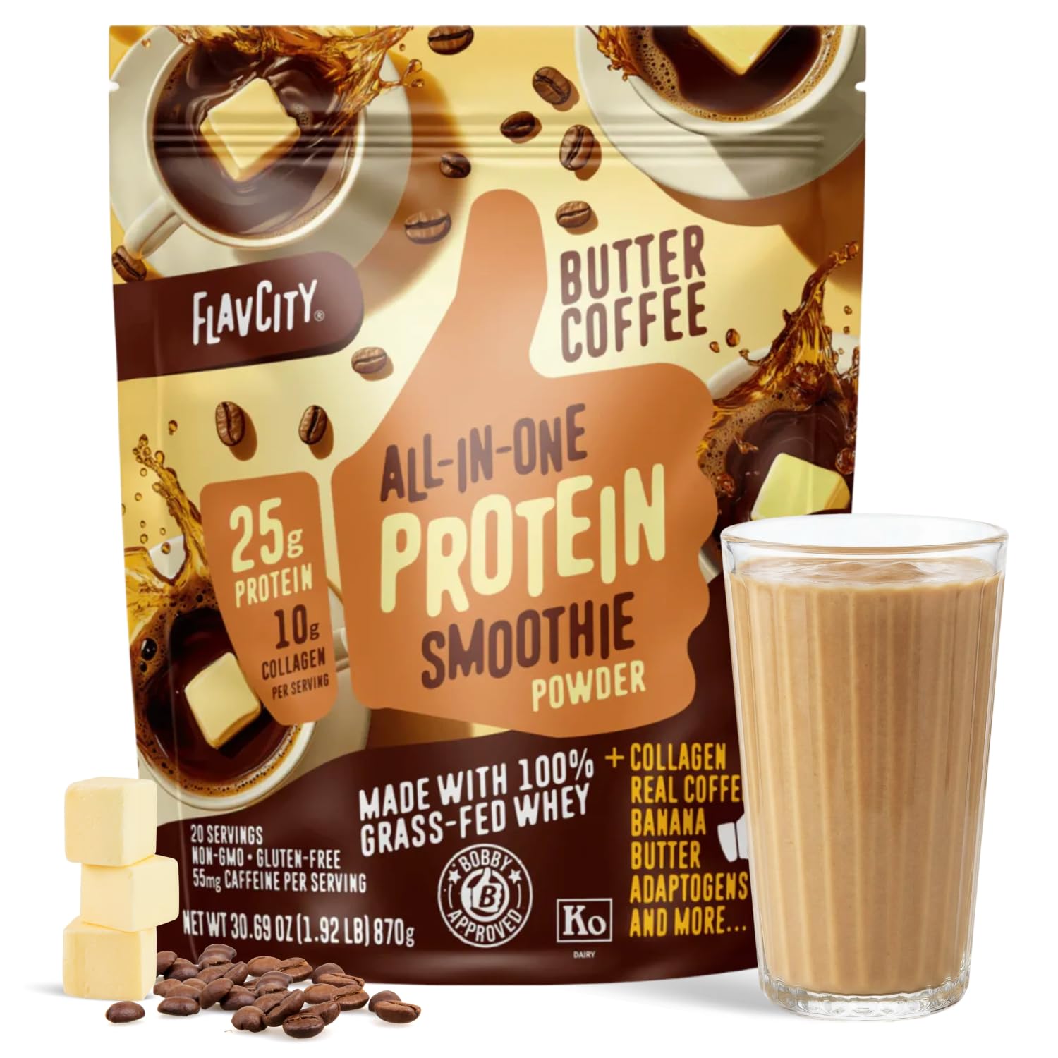 FlavCity Vanilla All in One Protein Shake Powder - On the Go Meal Alternative + Collagen Peptides, Reishi & Cordyceps - Focus, Skin, Hair & Joint Support - 100% Grass Fed Whey, 20 Servings