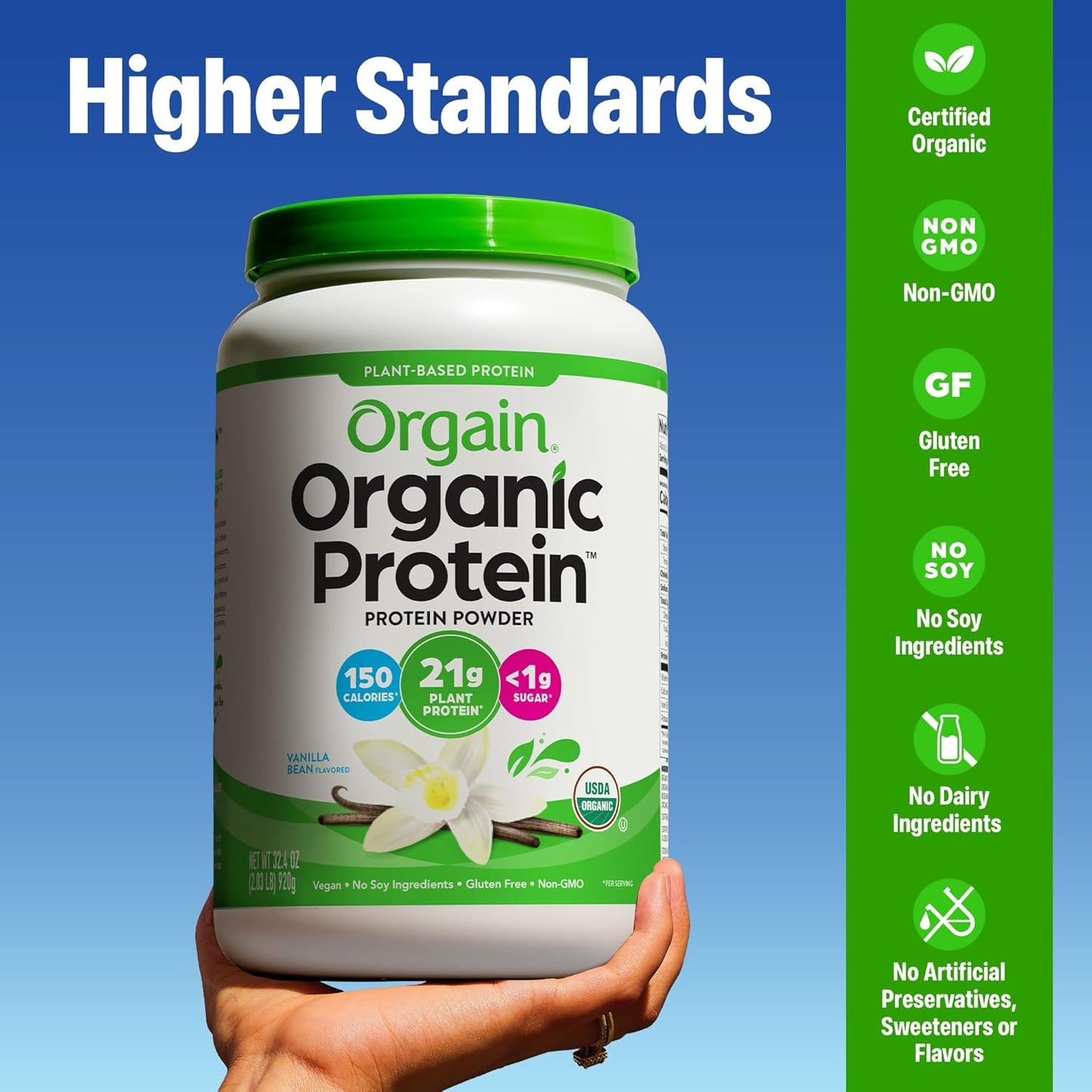 Orgain Organic Vegan Protein Powder, Vanilla Bean - 21g Plant Protein, 6g Prebiotic Fiber, No Lactose Ingredients, No Added Sugar, Non-GMO, for Shakes & Smoothies, 2.03 lb (Packaging May Vary)