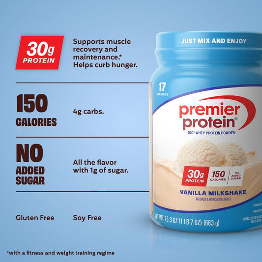 Premier Protein Powder, Vanilla, 100% Whey, 30g High Protein, 17 Servings | No Added Sugar, Supports Muscle Health, Soy & Gluten-Free, 1.5 lb