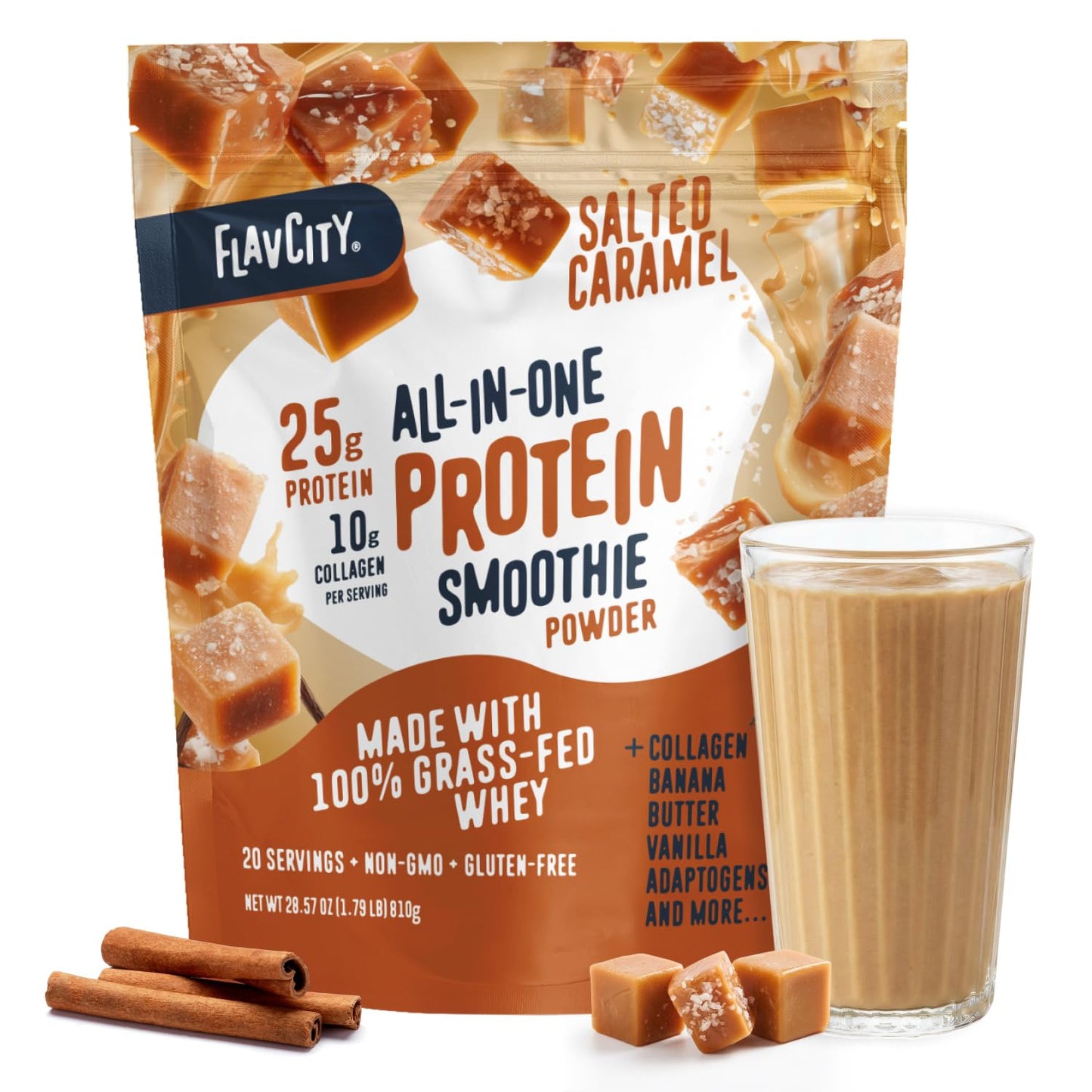 FlavCity Vanilla All in One Protein Shake Powder - On the Go Meal Alternative + Collagen Peptides, Reishi & Cordyceps - Focus, Skin, Hair & Joint Support - 100% Grass Fed Whey, 20 Servings