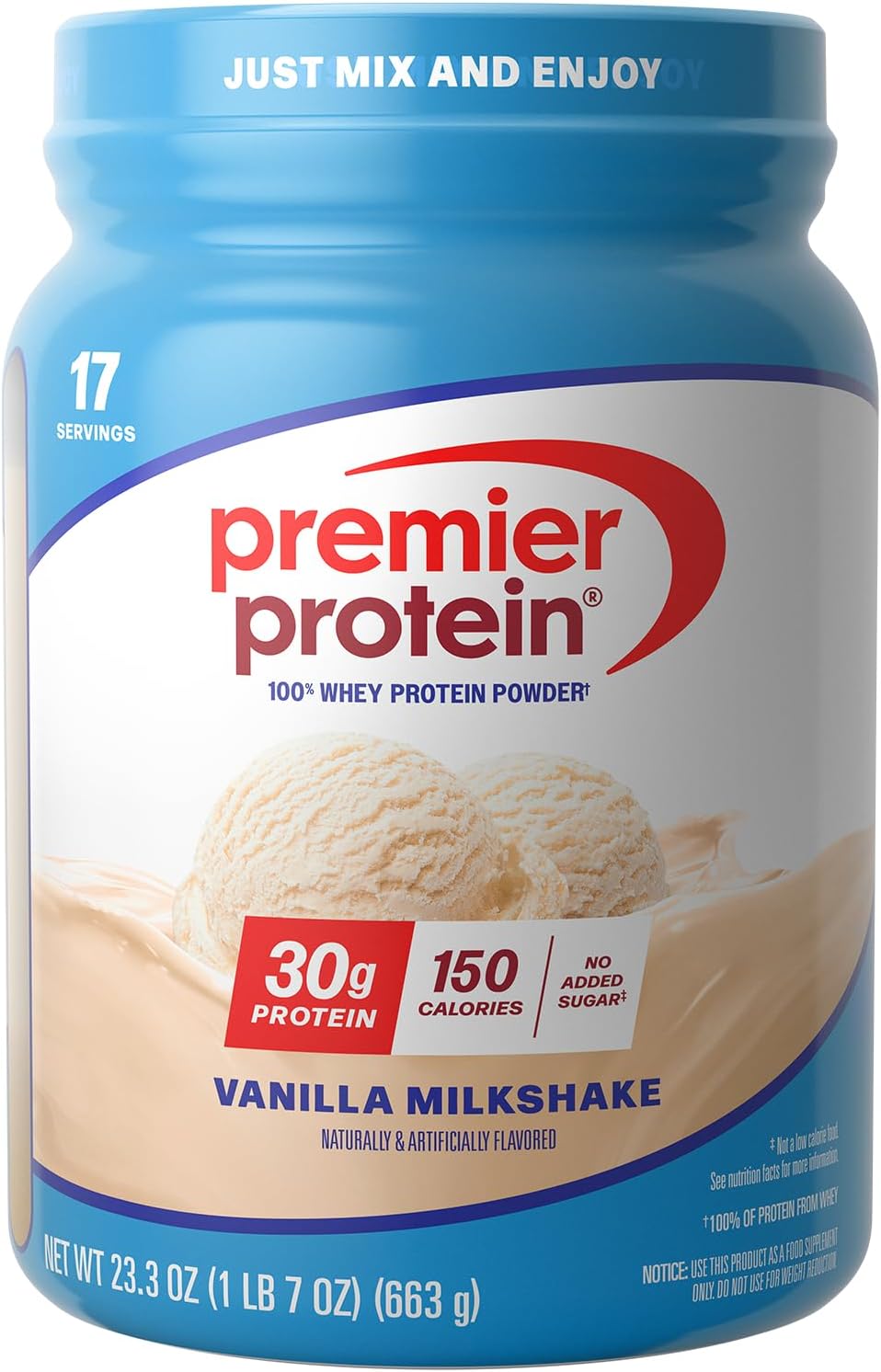 Premier Protein Powder, Vanilla, 100% Whey, 30g High Protein, 17 Servings | No Added Sugar, Supports Muscle Health, Soy & Gluten-Free, 1.5 lb