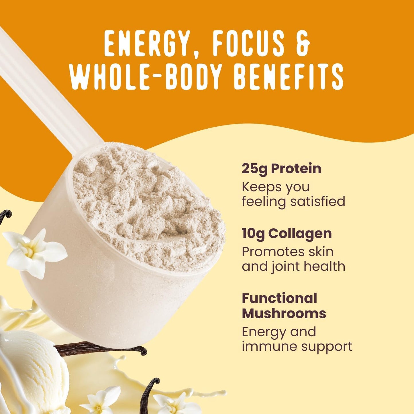 FlavCity Vanilla All in One Protein Shake Powder - On the Go Meal Alternative + Collagen Peptides, Reishi & Cordyceps - Focus, Skin, Hair & Joint Support - 100% Grass Fed Whey, 20 Servings