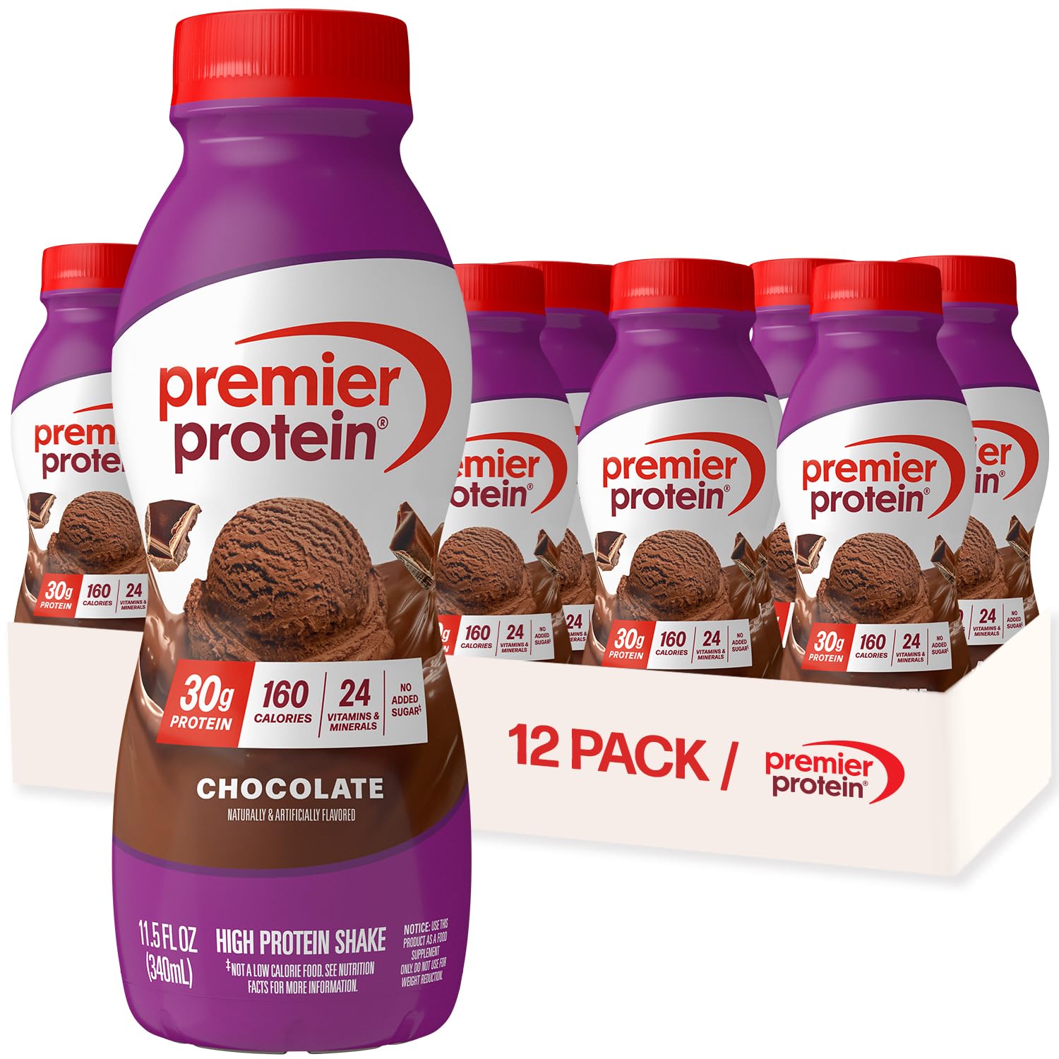 Premier Protein Shake, Chocolate, 30g High Protein, 12 Pack | 160 Calories, 24 Vitamins & Minerals, No Added Sugar, Supports Muscle Health, Gluten-Free, 11.5 oz