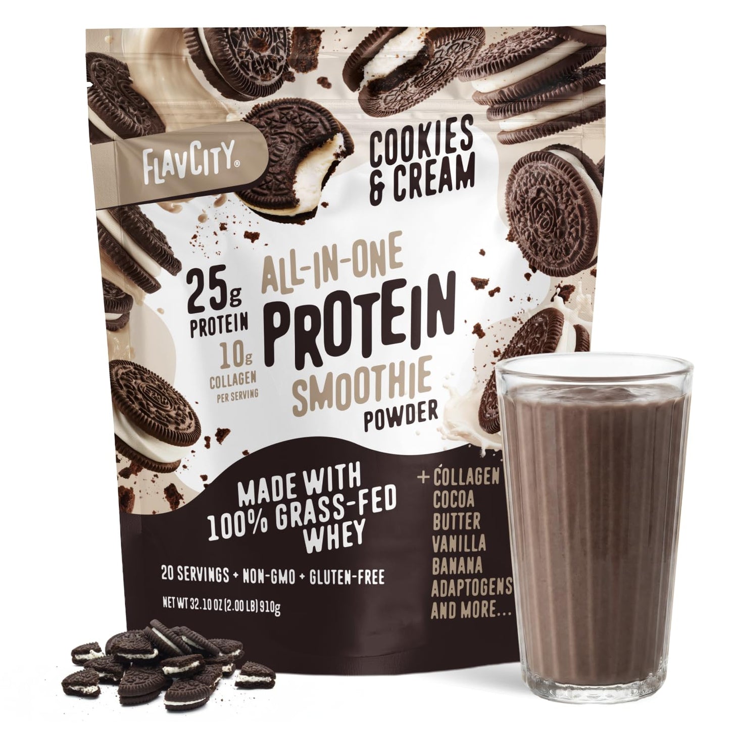FlavCity Vanilla All in One Protein Shake Powder - On the Go Meal Alternative + Collagen Peptides, Reishi & Cordyceps - Focus, Skin, Hair & Joint Support - 100% Grass Fed Whey, 20 Servings