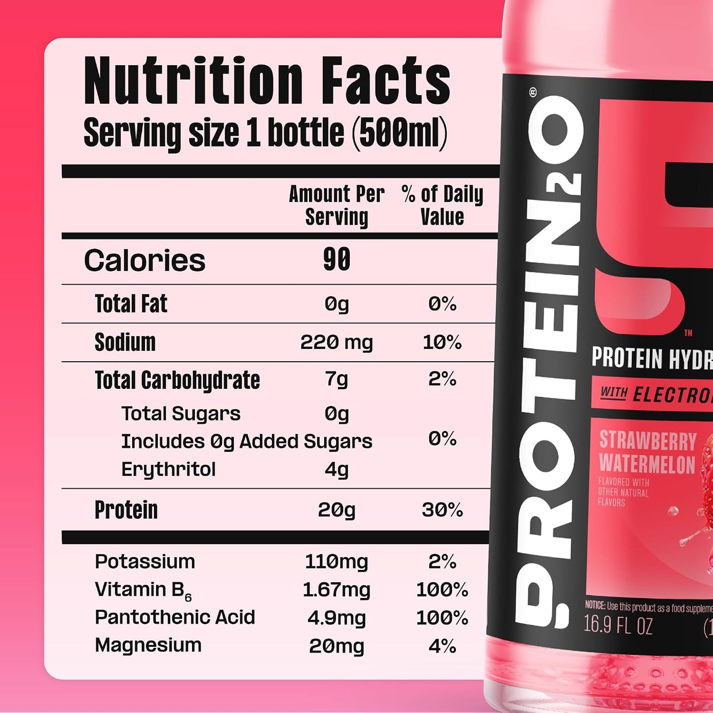 Protein2o Hydration Drink - 2-in-1 Liquid Clear Whey Protein Isolate and Electrolyte Drink - 20g Protein, Vitamins B5, B6 - Post-Workout Recovery - 16.9 Fl Oz - 12 Count Strawberry Watermelon