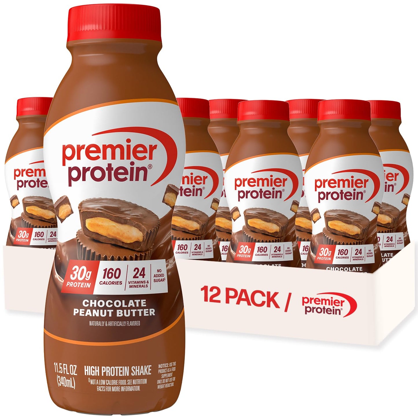 Premier Protein Shake, Chocolate, 30g High Protein, 12 Pack | 160 Calories, 24 Vitamins & Minerals, No Added Sugar, Supports Muscle Health, Gluten-Free, 11.5 oz