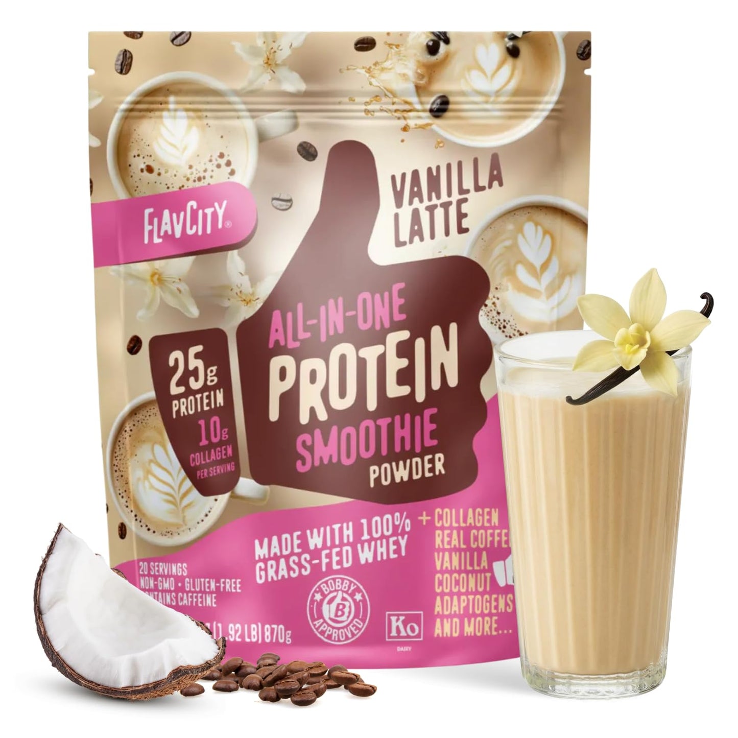 FlavCity Vanilla All in One Protein Shake Powder - On the Go Meal Alternative + Collagen Peptides, Reishi & Cordyceps - Focus, Skin, Hair & Joint Support - 100% Grass Fed Whey, 20 Servings
