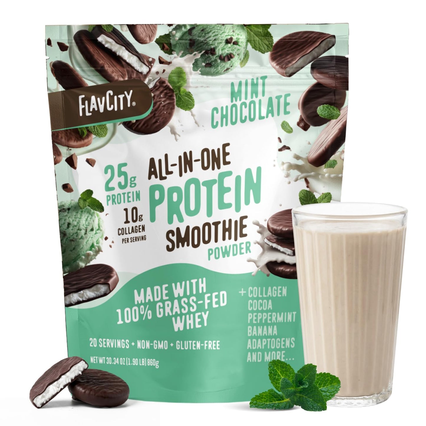 FlavCity Vanilla All in One Protein Shake Powder - On the Go Meal Alternative + Collagen Peptides, Reishi & Cordyceps - Focus, Skin, Hair & Joint Support - 100% Grass Fed Whey, 20 Servings