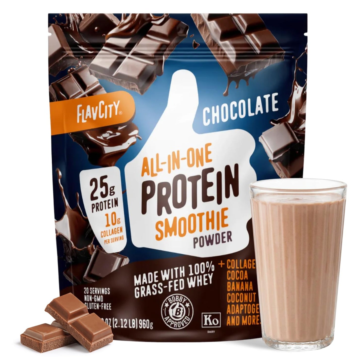 FlavCity Vanilla All in One Protein Shake Powder - On the Go Meal Alternative + Collagen Peptides, Reishi & Cordyceps - Focus, Skin, Hair & Joint Support - 100% Grass Fed Whey, 20 Servings