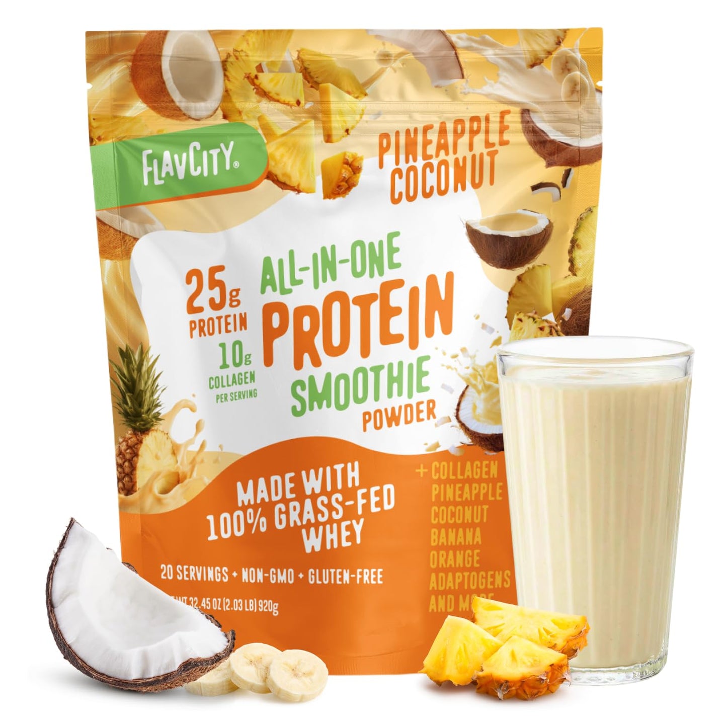 FlavCity Vanilla All in One Protein Shake Powder - On the Go Meal Alternative + Collagen Peptides, Reishi & Cordyceps - Focus, Skin, Hair & Joint Support - 100% Grass Fed Whey, 20 Servings