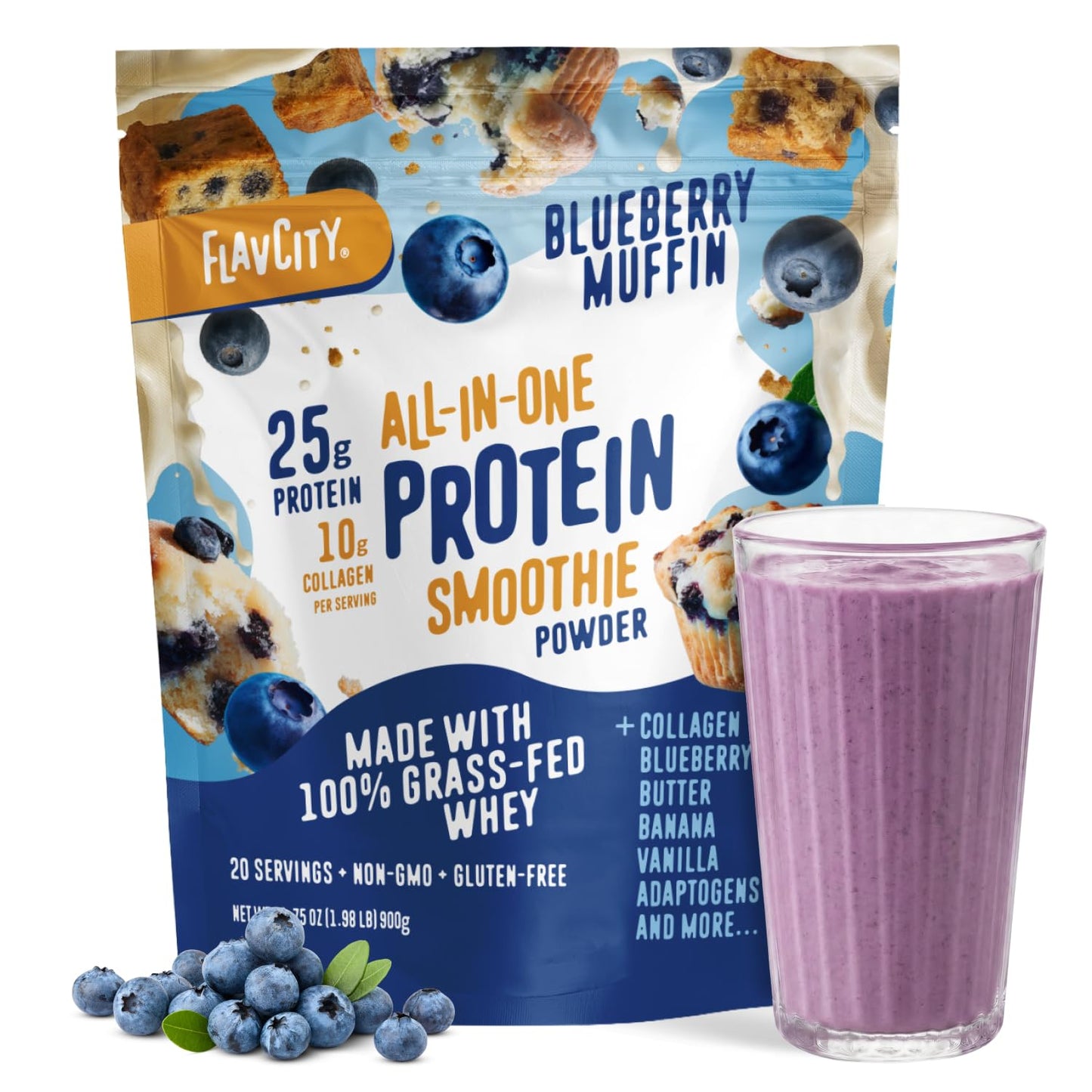 FlavCity Vanilla All in One Protein Shake Powder - On the Go Meal Alternative + Collagen Peptides, Reishi & Cordyceps - Focus, Skin, Hair & Joint Support - 100% Grass Fed Whey, 20 Servings