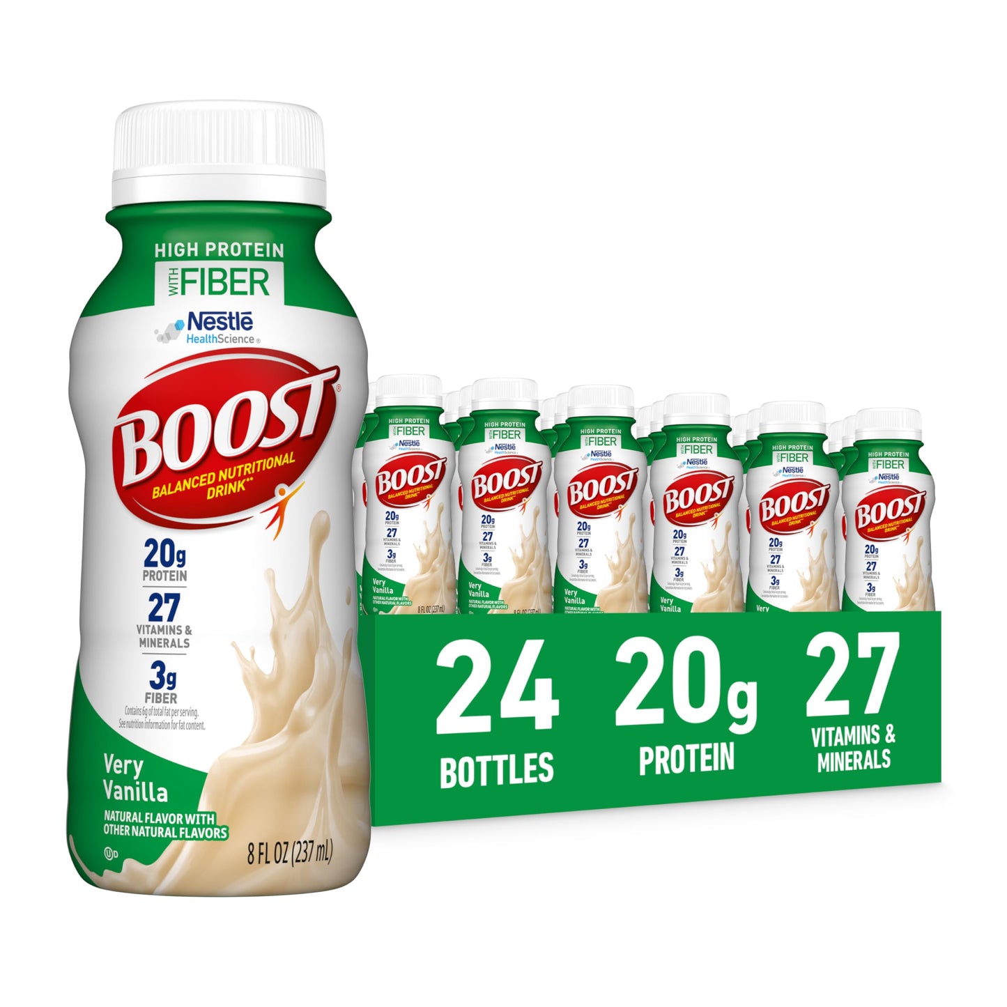 BOOST High Protein with Fiber Ready to Drink Complete Nutritional Drink, Rich Chocolate, 8 fl oz Bottle, 24 Pack
