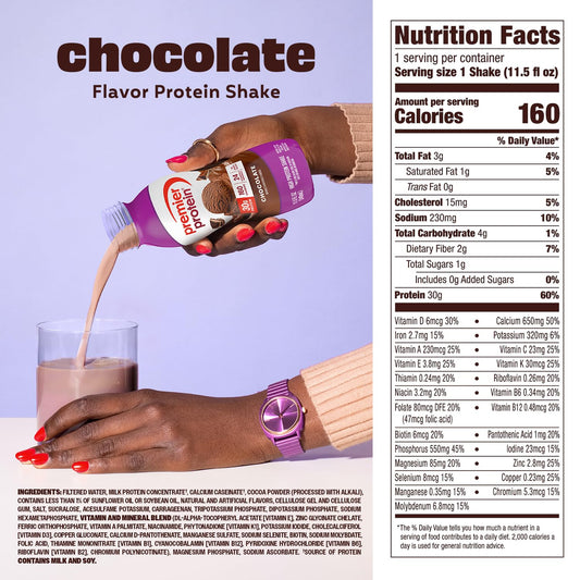 Premier Protein Shake, Chocolate, 30g High Protein, 12 Pack | 160 Calories, 24 Vitamins & Minerals, No Added Sugar, Supports Muscle Health, Gluten-Free, 11.5 oz
