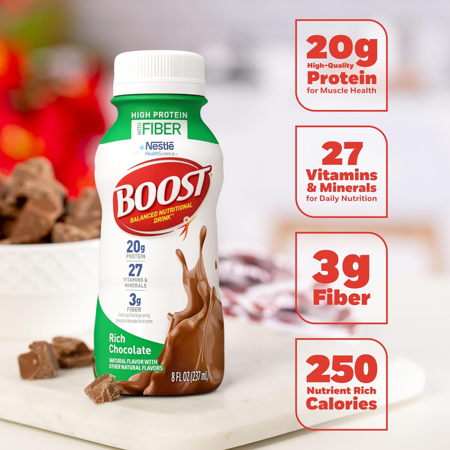 BOOST High Protein with Fiber Ready to Drink Complete Nutritional Drink, Rich Chocolate, 8 fl oz Bottle, 24 Pack