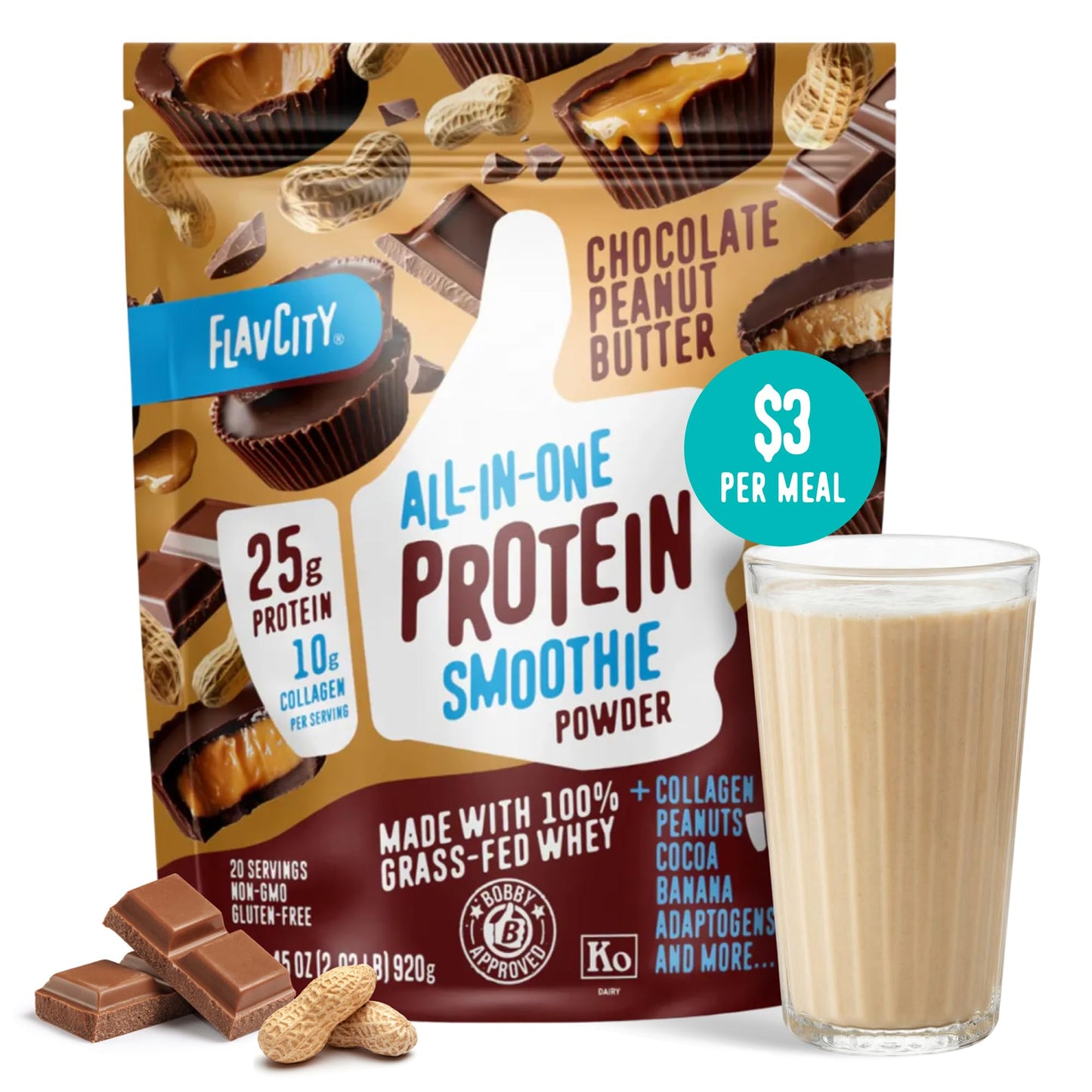 FlavCity Vanilla All in One Protein Shake Powder - On the Go Meal Alternative + Collagen Peptides, Reishi & Cordyceps - Focus, Skin, Hair & Joint Support - 100% Grass Fed Whey, 20 Servings