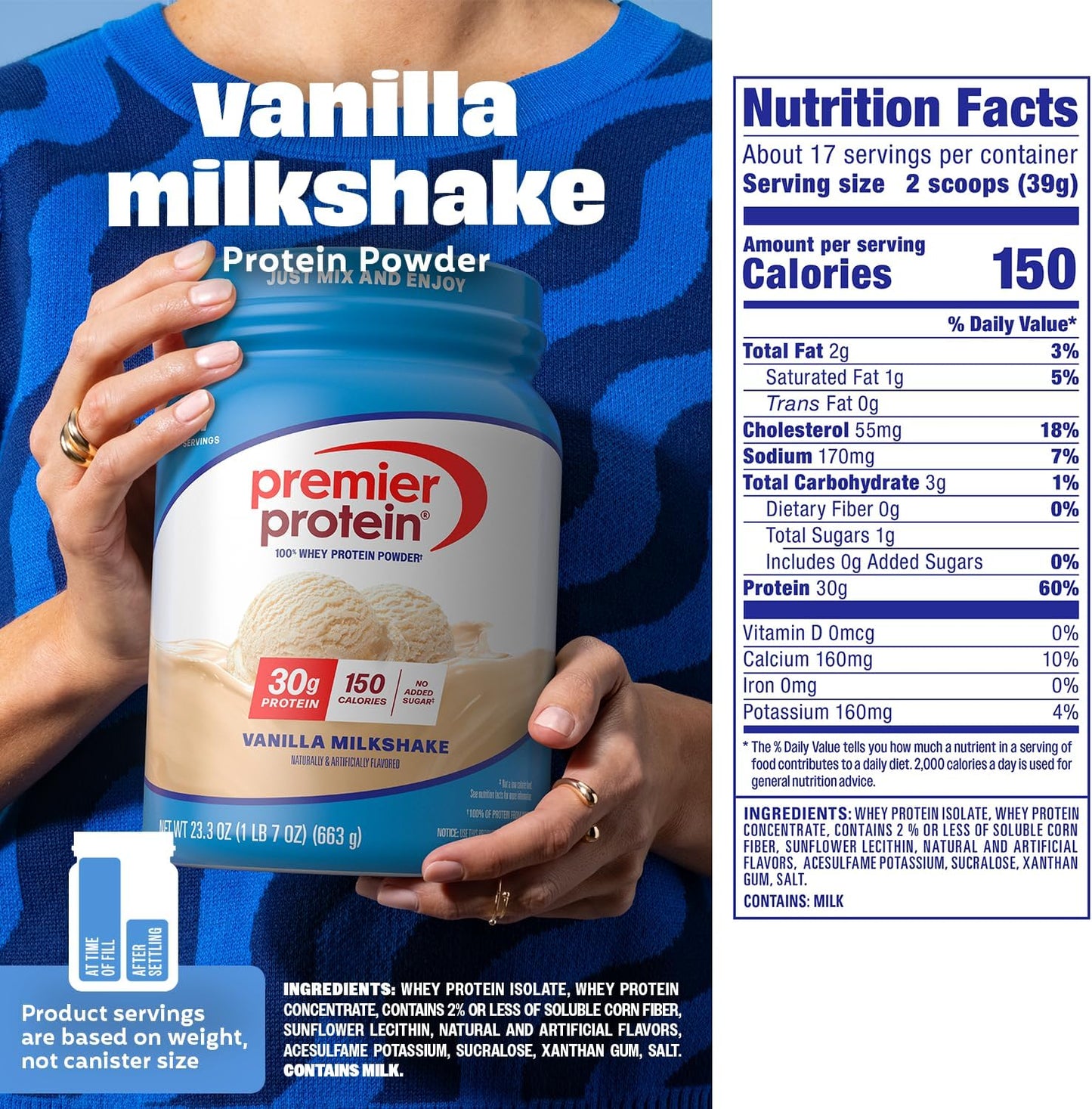 Premier Protein Powder, Vanilla, 100% Whey, 30g High Protein, 17 Servings | No Added Sugar, Supports Muscle Health, Soy & Gluten-Free, 1.5 lb