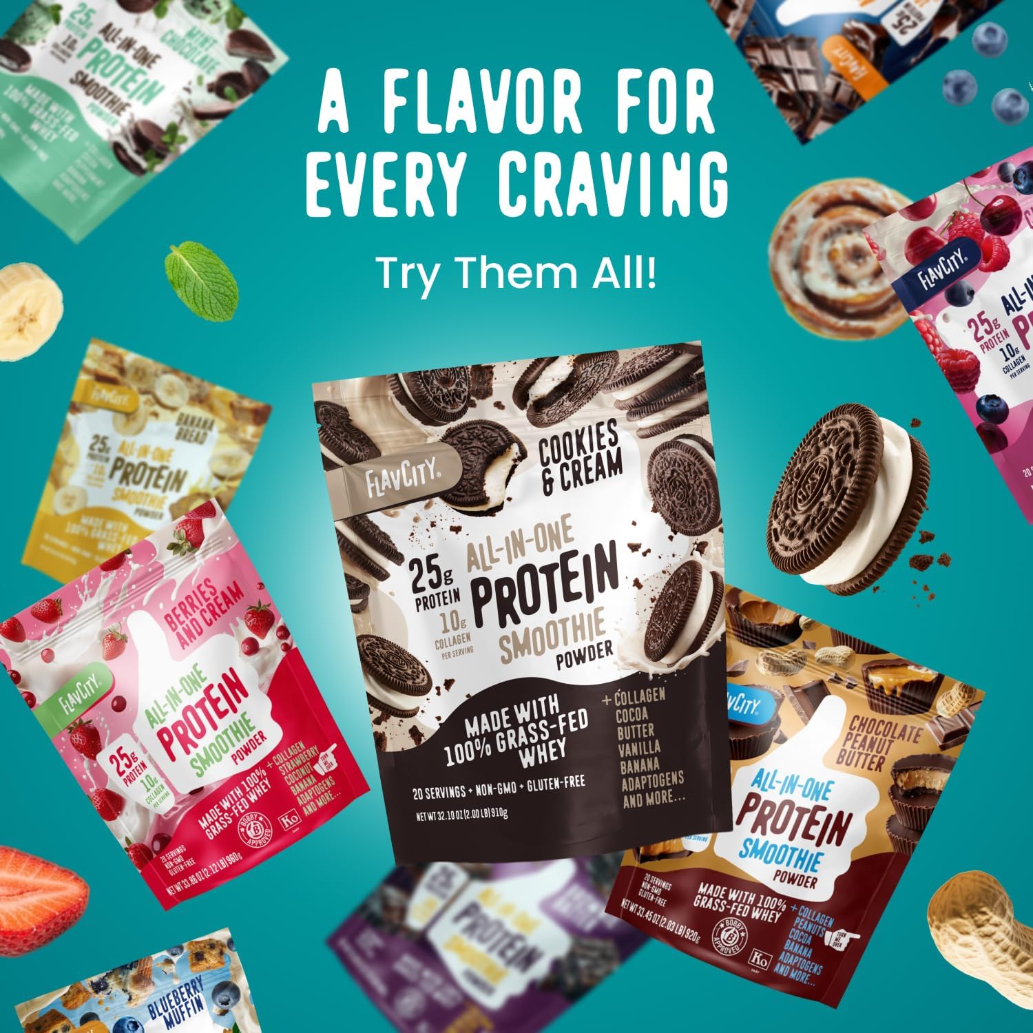 FlavCity Vanilla All in One Protein Shake Powder - On the Go Meal Alternative + Collagen Peptides, Reishi & Cordyceps - Focus, Skin, Hair & Joint Support - 100% Grass Fed Whey, 20 Servings