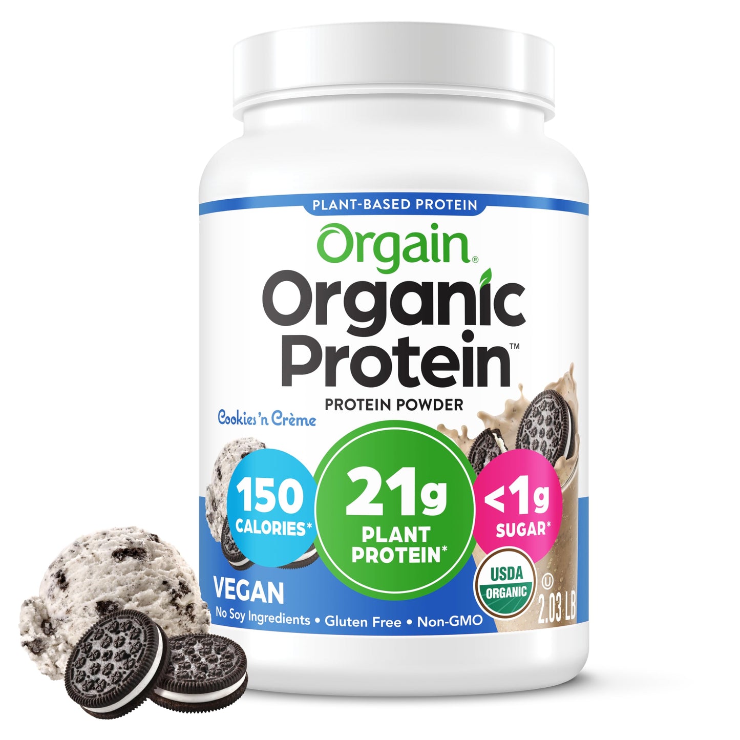 Orgain Organic Vegan Protein Powder, Vanilla Bean - 21g Plant Protein, 6g Prebiotic Fiber, No Lactose Ingredients, No Added Sugar, Non-GMO, for Shakes & Smoothies, 2.03 lb (Packaging May Vary)