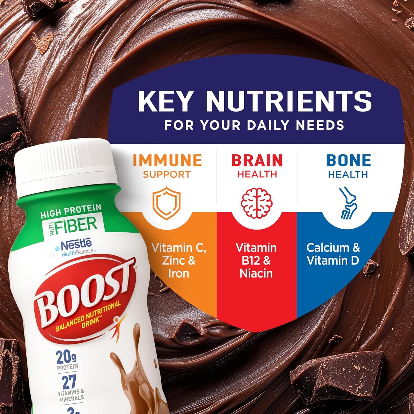 BOOST High Protein with Fiber Ready to Drink Complete Nutritional Drink, Rich Chocolate, 8 fl oz Bottle, 24 Pack