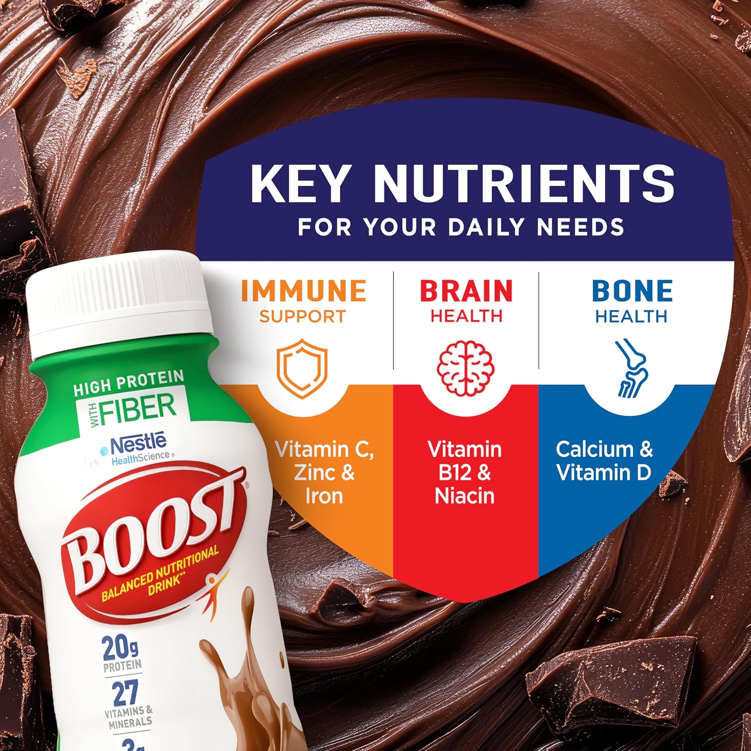 BOOST High Protein with Fiber Ready to Drink Complete Nutritional Drink, Rich Chocolate, 8 fl oz Bottle, 24 Pack